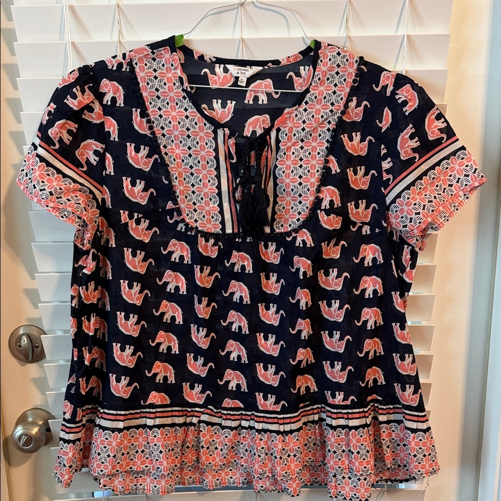 XL Crown & Ivy Navy and Pink Elephant Print Blouse